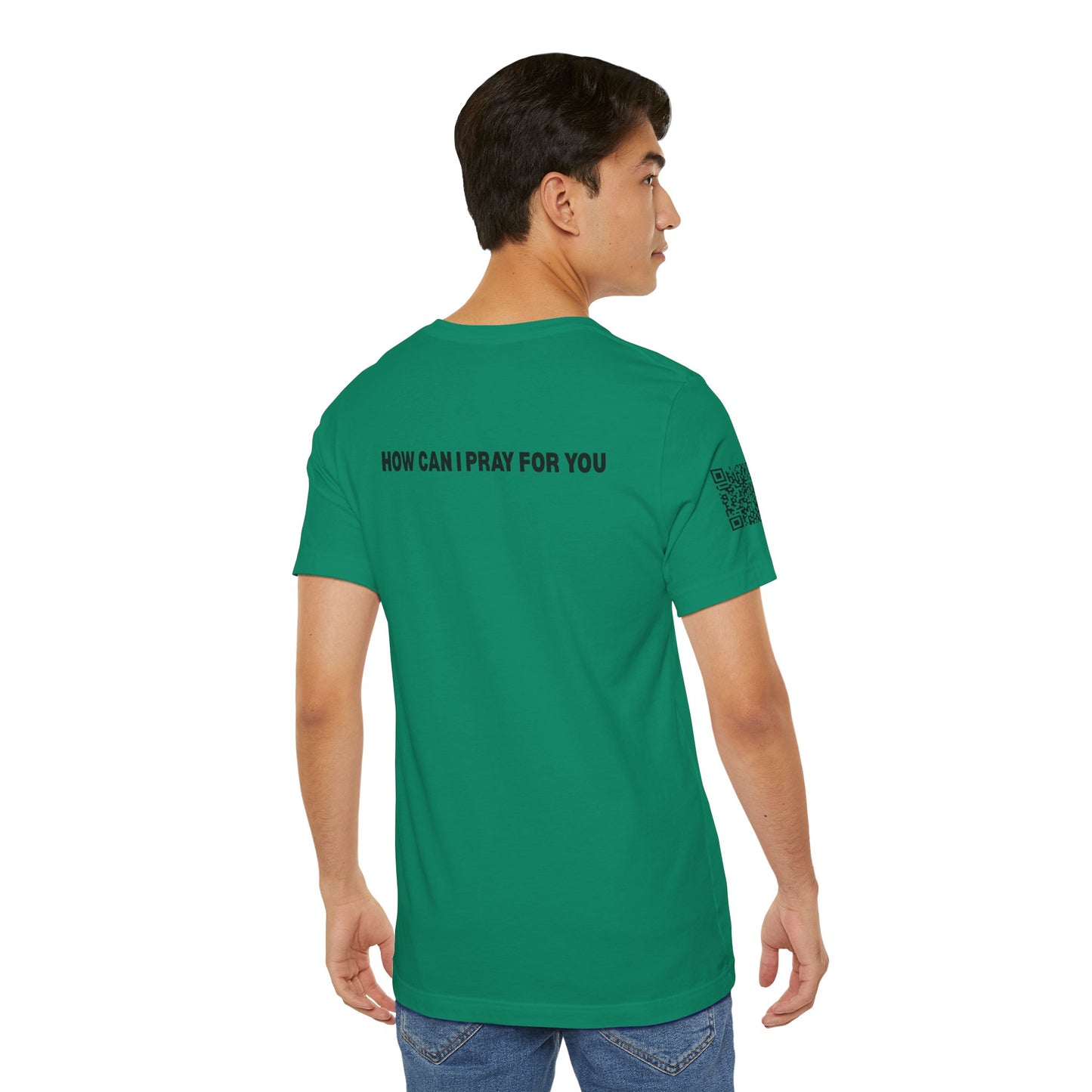 Man in the Mirror - Front Standard Logo with QR on Sleeve and How Can I Pray For You on back