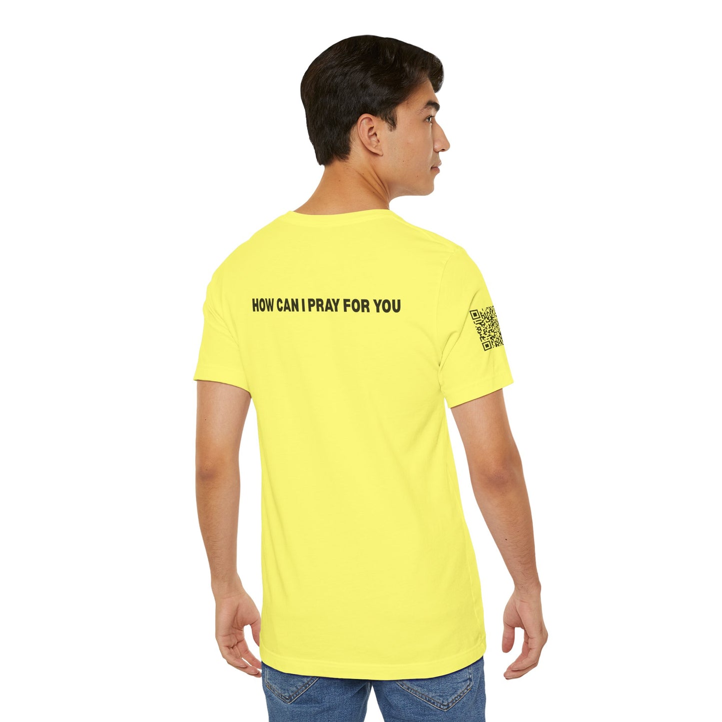 Man in the Mirror - Front Standard Logo with QR on Sleeve and How Can I Pray For You on back